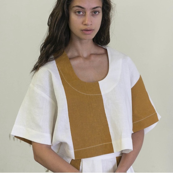 nancy stella soto Tops - NANCYSTELLASOTO Nancy Stella Soto SLSS Linen Blouse in Brown White